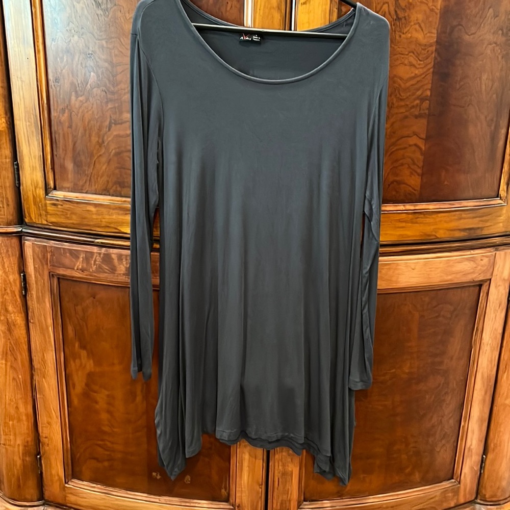 Charcoal gray long sleeved handkerchief hem knit dress